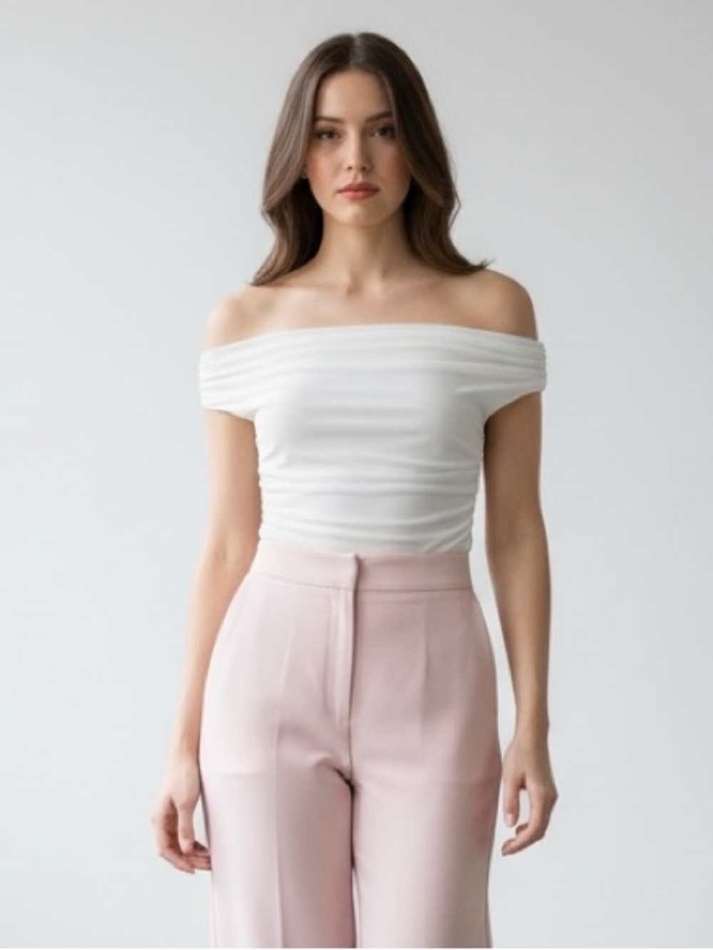 1309 • White Cool Mesh Lined Ruched Off Shoulder Top